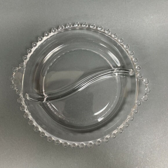 Ohio Imperial Glass Divided Bowl Plate Clear Beaded Candlewick Handles - Picture 3 of 5